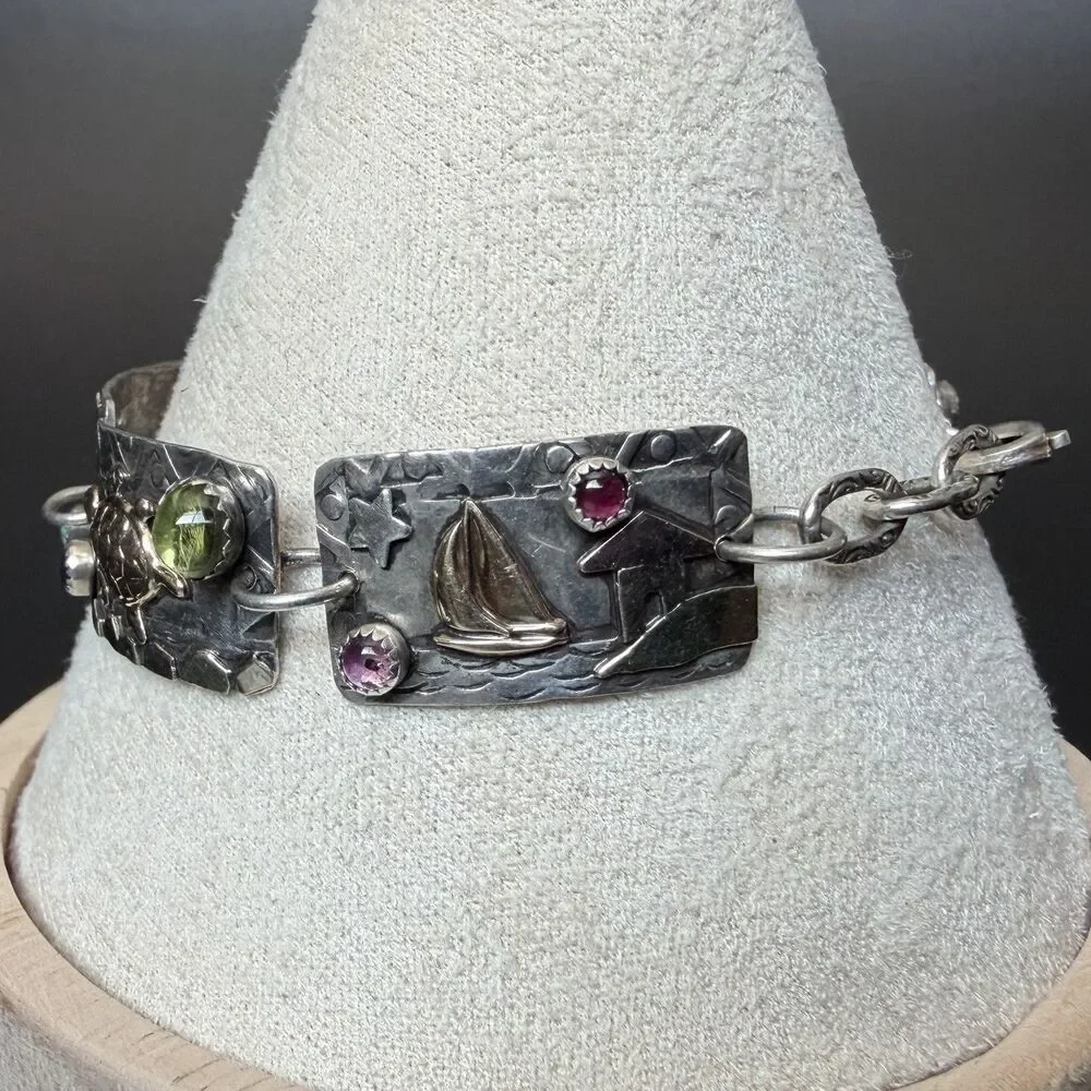 Vintage Handmade Artisan Panel Link Bracelet 925 Sterling Silver 14K Gold & Gems